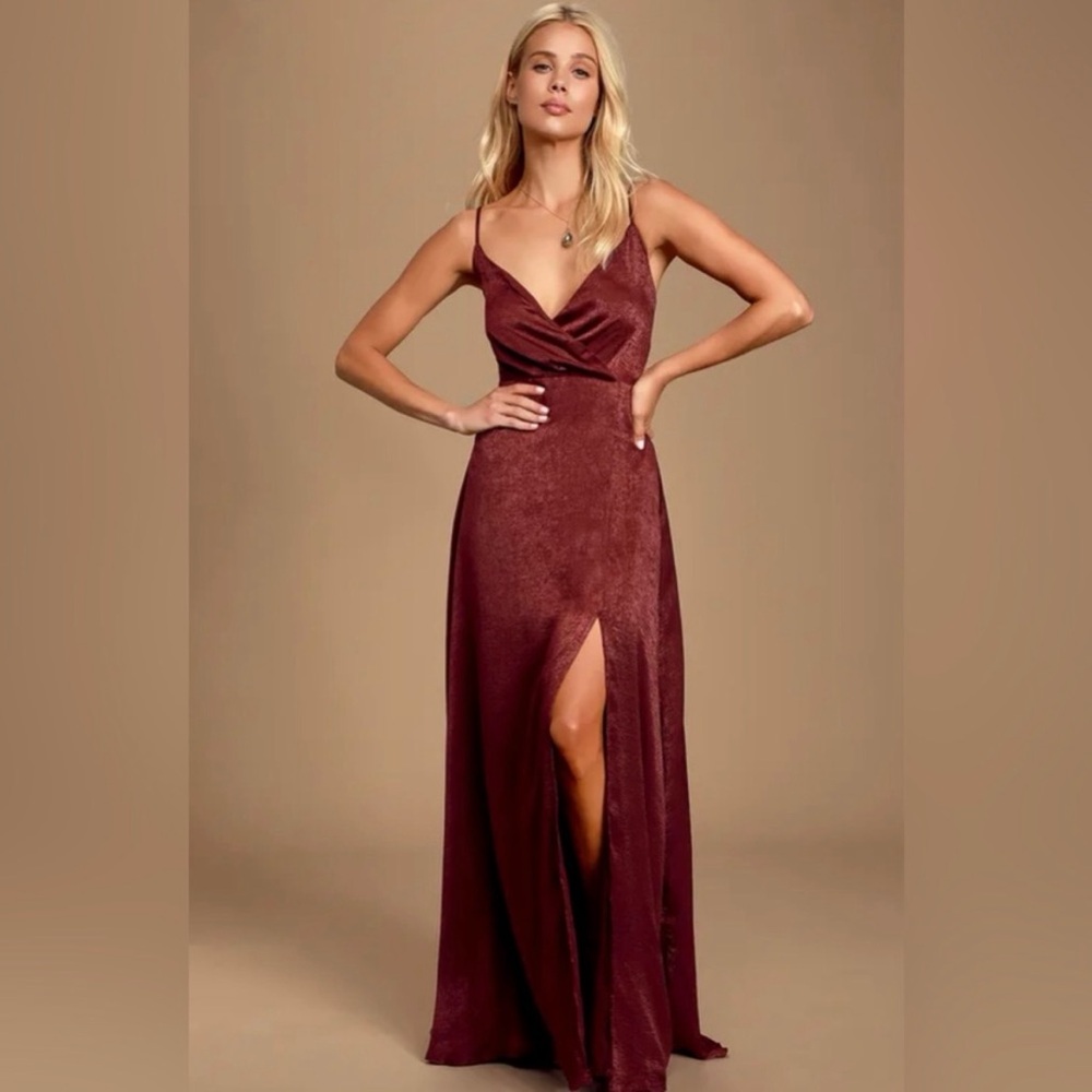 Lulus Constantine Burgundy Satin Maxi Dresss